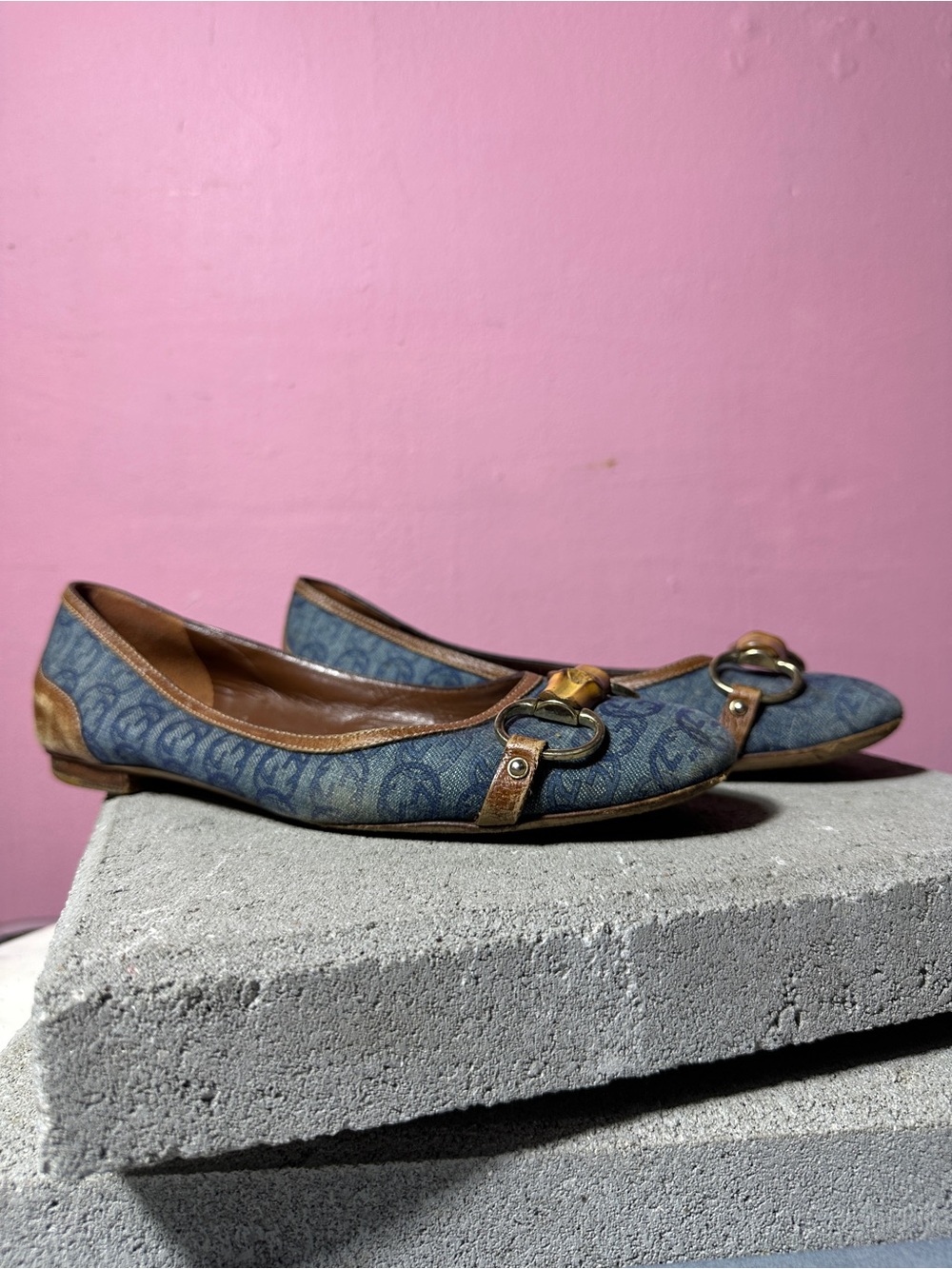 Vintage Gucci GG Denim Monogram Bamboo Horsebit Ballet Flats - Picture 2 of 7